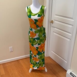 Floral Sleeveless 2 Piece Bathing Suit Cover Up - Green and Orange
